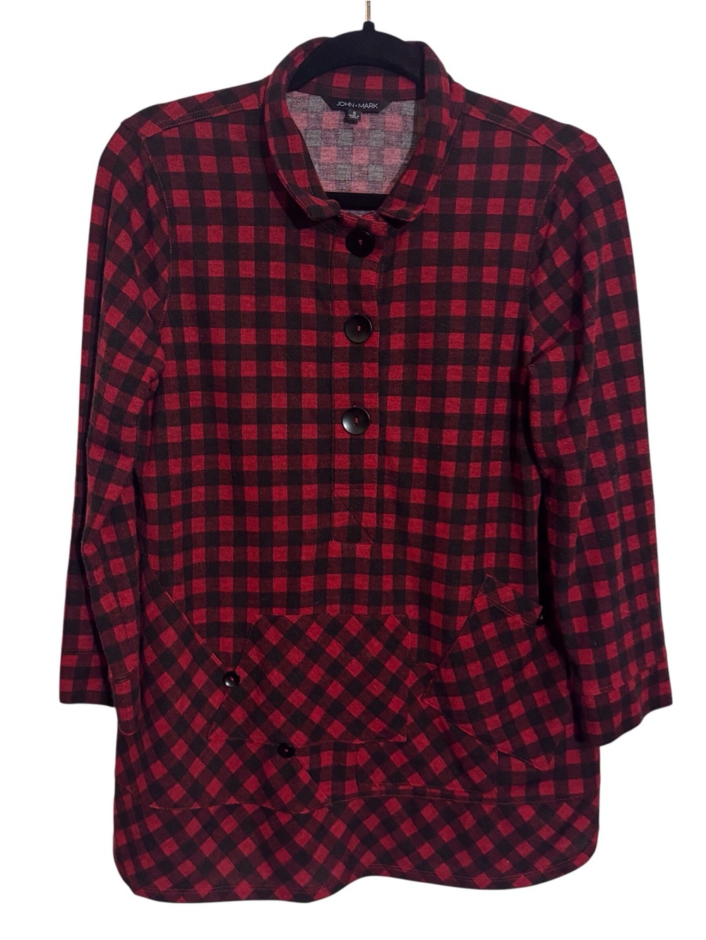 John Mark Size Small Red Black Buffalo Check Blouse Top Stretch Artsy Boho